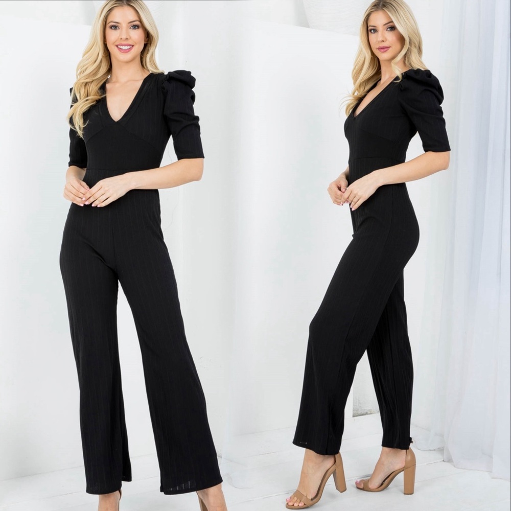 Puff sleeve ribbed v neckline jumpsuit